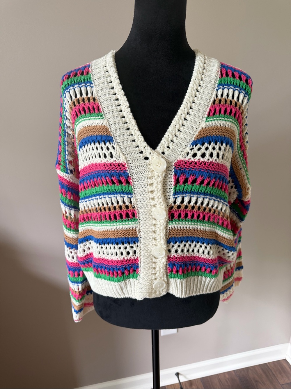 Vigoss Crochet Button-Front Cardigan Sweater in Multi-Color and Cream Small